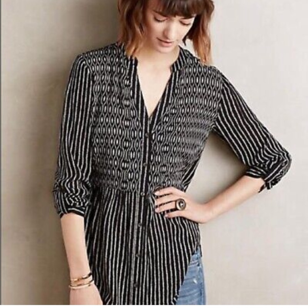 Maeve Anthropologie Calia Black White Striped Geometric Tunic Shirt Blouse Sz‎ 2